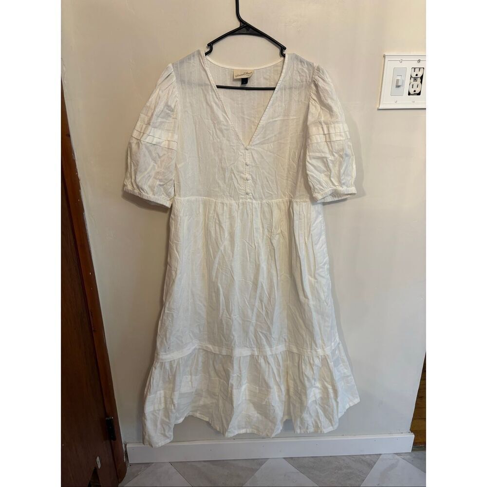 Universal Thread White Linen Midi Dress Size Small Puff Sleeve V-Neck Button Det